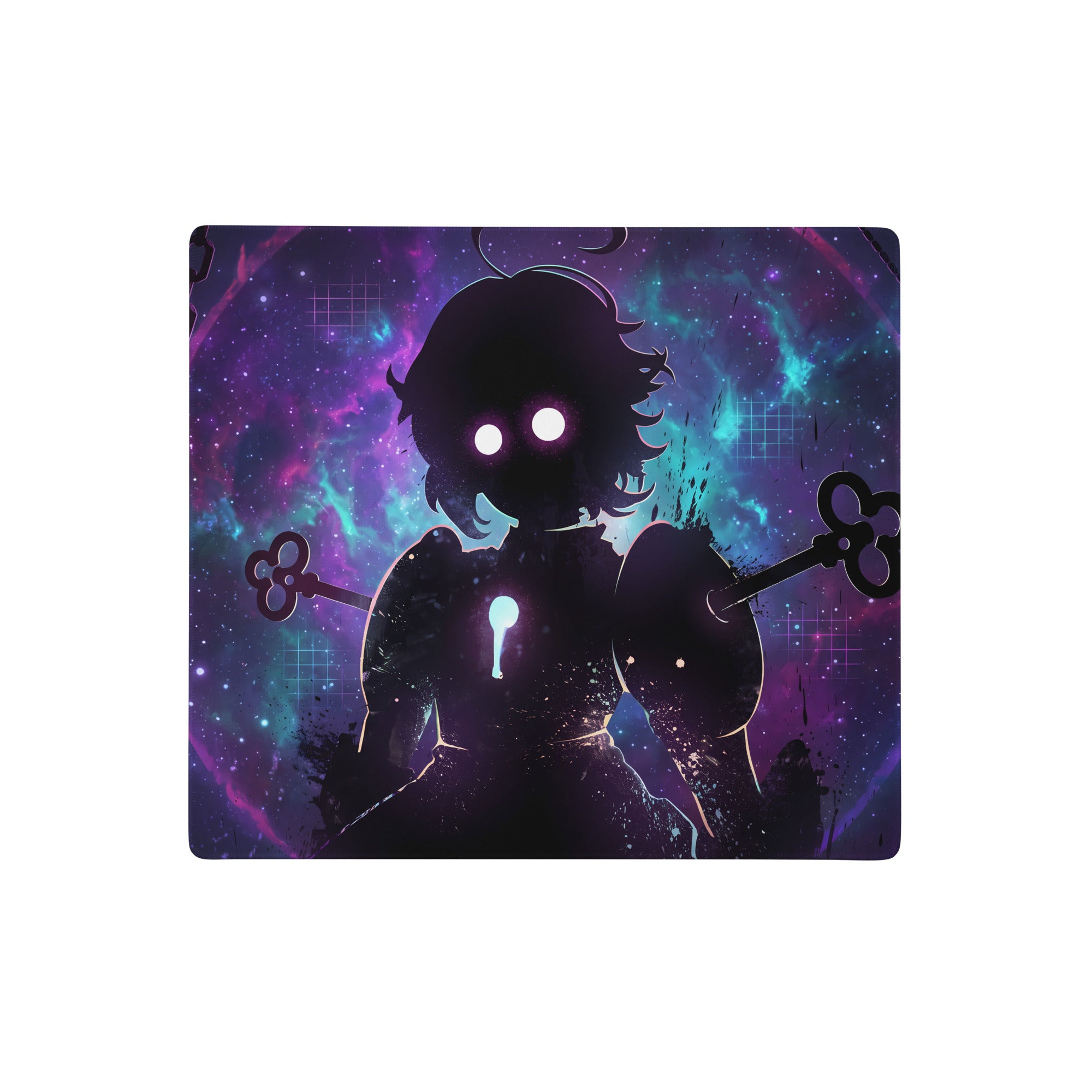 Vaporwave neon gaming mouse pad with anime silhouette holding keys on a purple and teal cosmic background