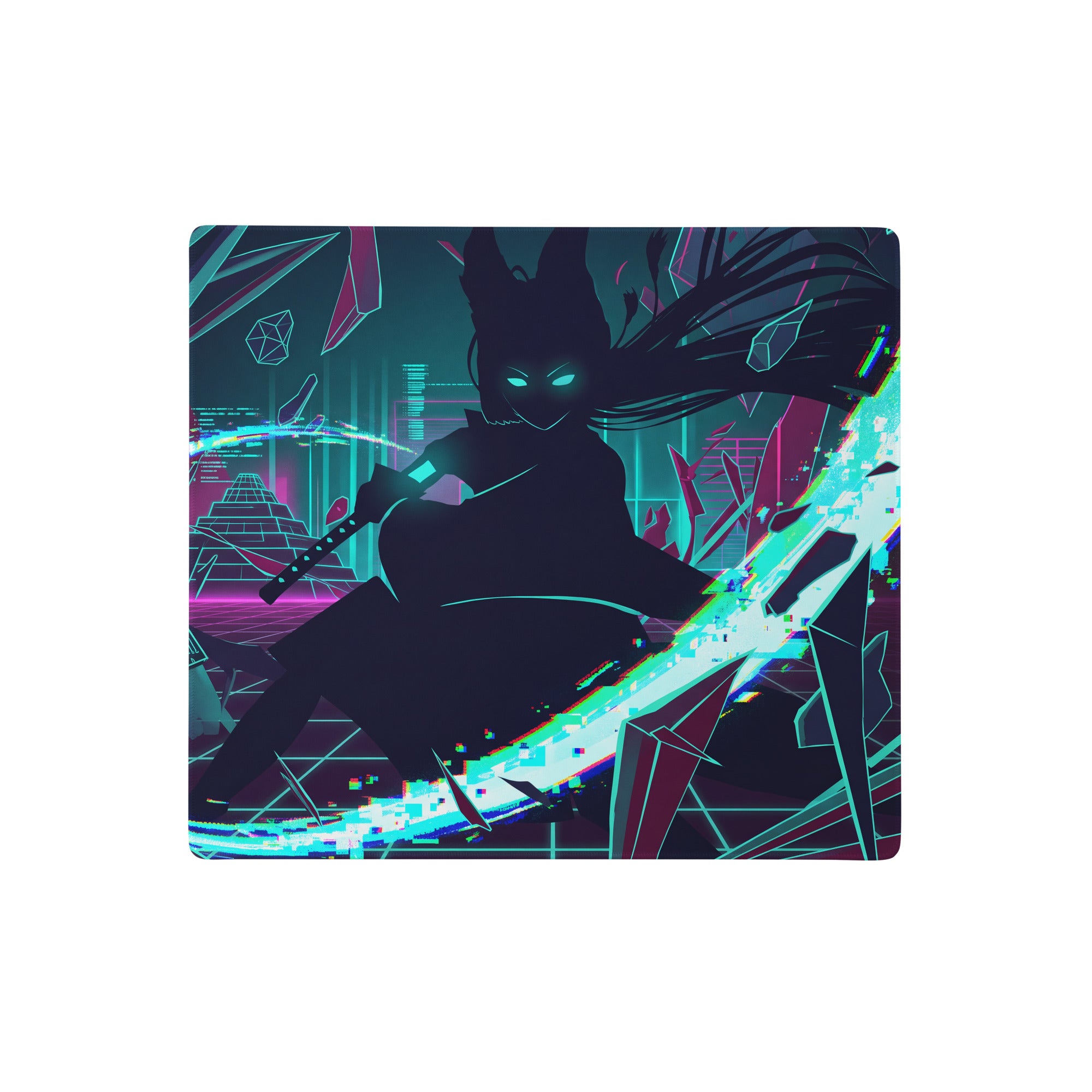 Neon vaporwave gaming mouse pad with nebula theme featuring an anime warrior with glowing green eyes on neon pink blue purple background