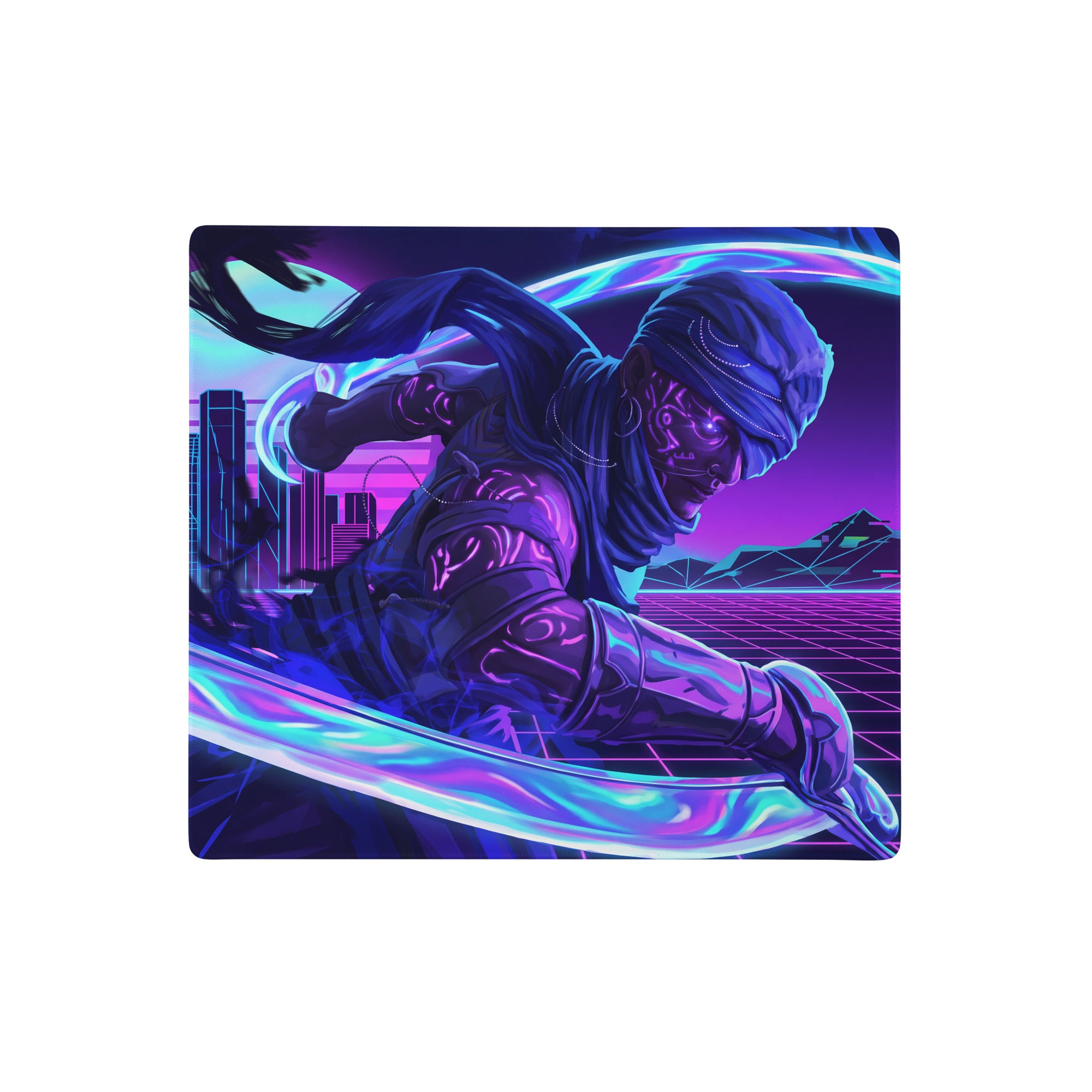 Neon vaporwave nightscape gaming mouse pad with vibrant neon purple and blue design of a futuristic warrior in motion