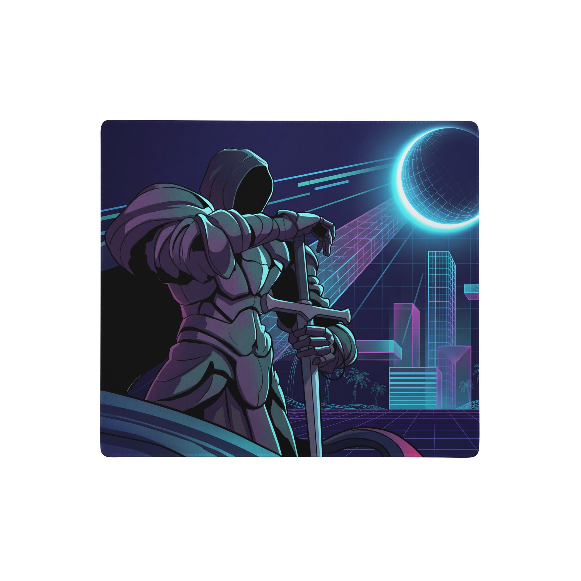 Neon vaporwave cyber gaming mouse pad with nebula theme featuring hooded knight in metallic armor and futuristic neon cityscape