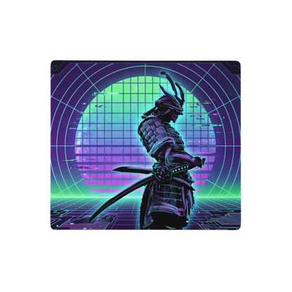 Ninjago-themed gaming mousepad featuring a samurai in dark armor with katana on a purple neon vaporwave grid background