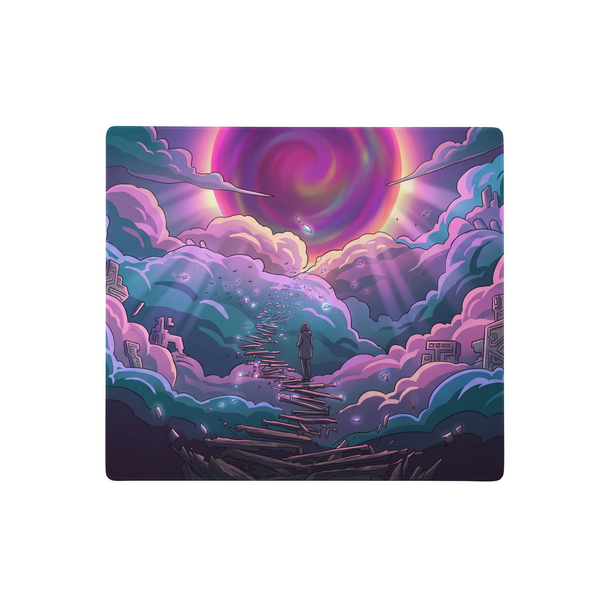Vaporwave neon sky gaming mouse pad with vibrant purple pink cyan surreal cosmic spiral design on soft desk mat