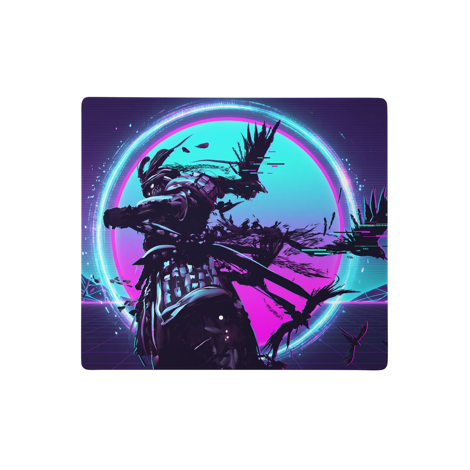 Vaporwave neon night gaming mousepad with nebula theme and stylized samurai in cyan and magenta colors