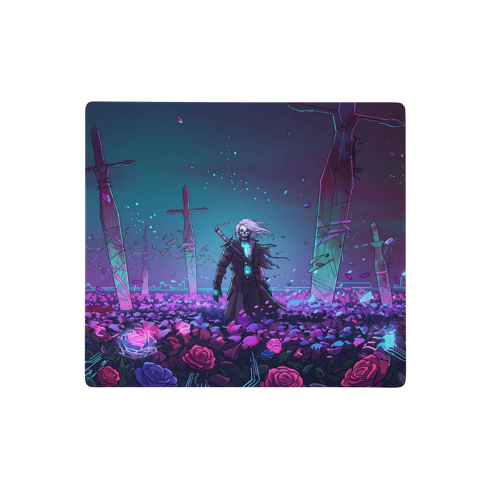 Rectangular vaporwave mouse pad with neon pink purple teal skeleton design glowing roses and cityscape under twilight sky
