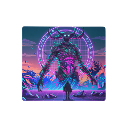Neon vaporwave skull mouse pad with nebula theme featuring a glowing purple and cyan cyberpunk demon on a futuristic grid