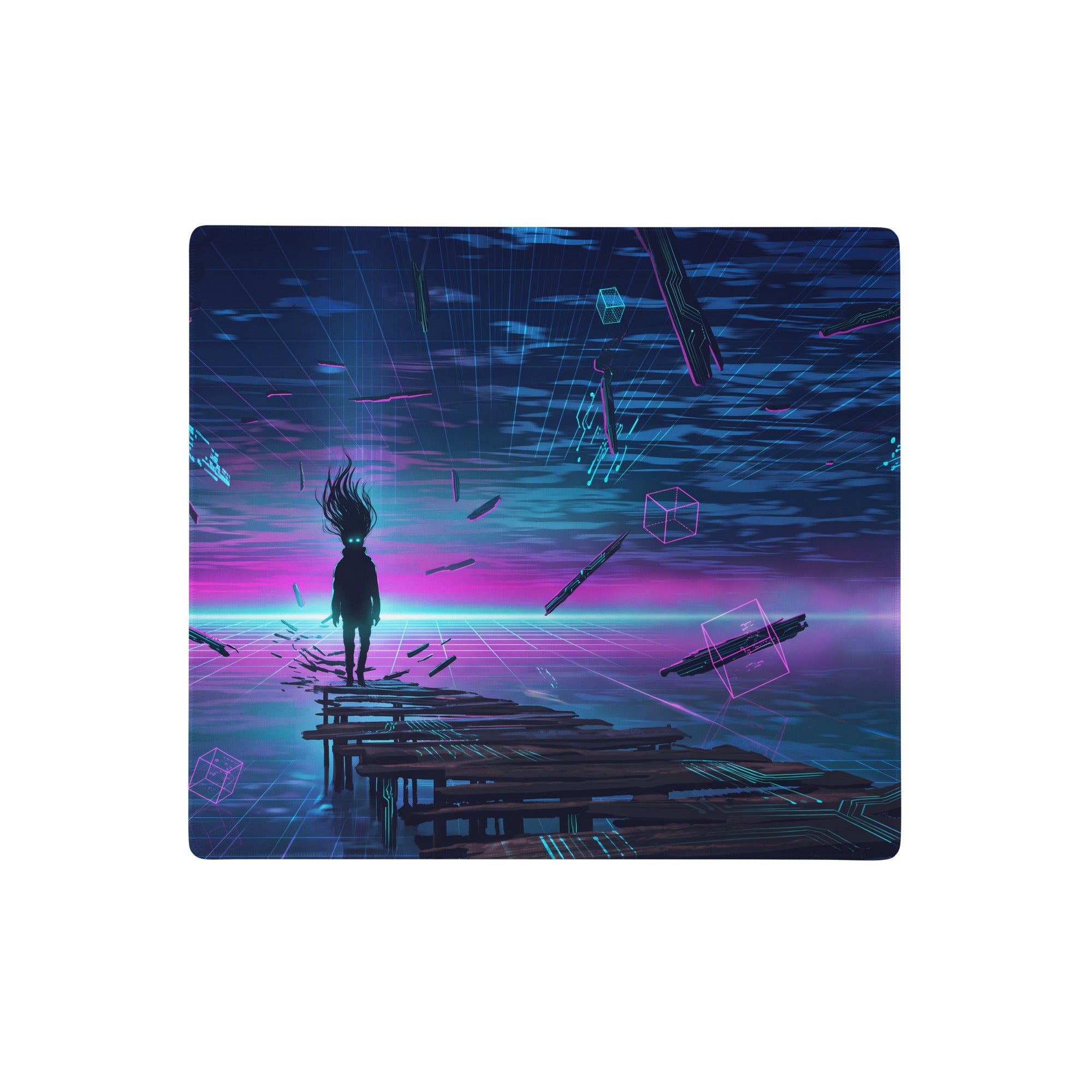 Neon vaporwave desk mat featuring a cyberpunk rectangular mousepad with a lone figure on a wooden pier against a neon sky