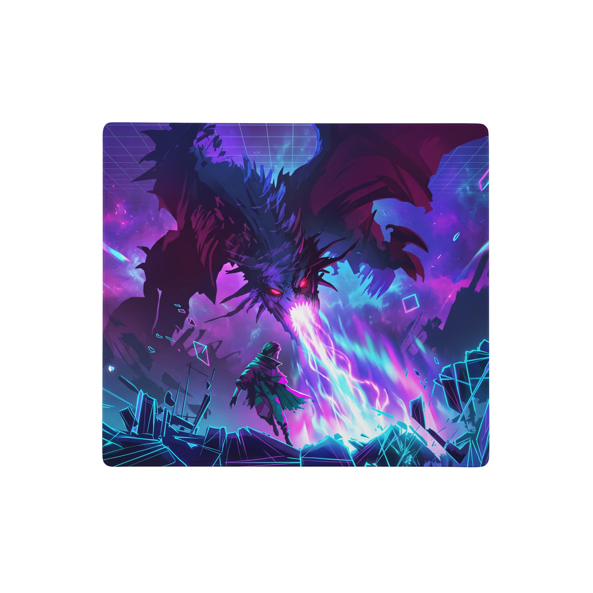 Neon dragon vaporwave gaming mousepad in purple blue neon with digital dragon and warrior in nebula-themed design