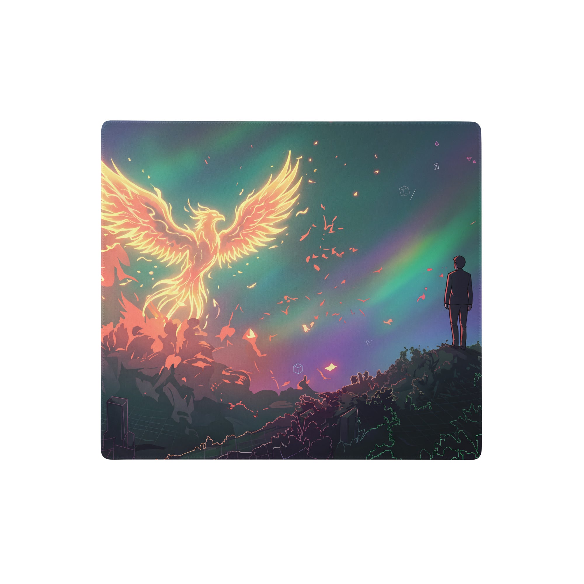 A rectangular vaporwave phoenix aesthetic mouse pad with a golden phoenix above a silhouette on a purple pink blue neon background