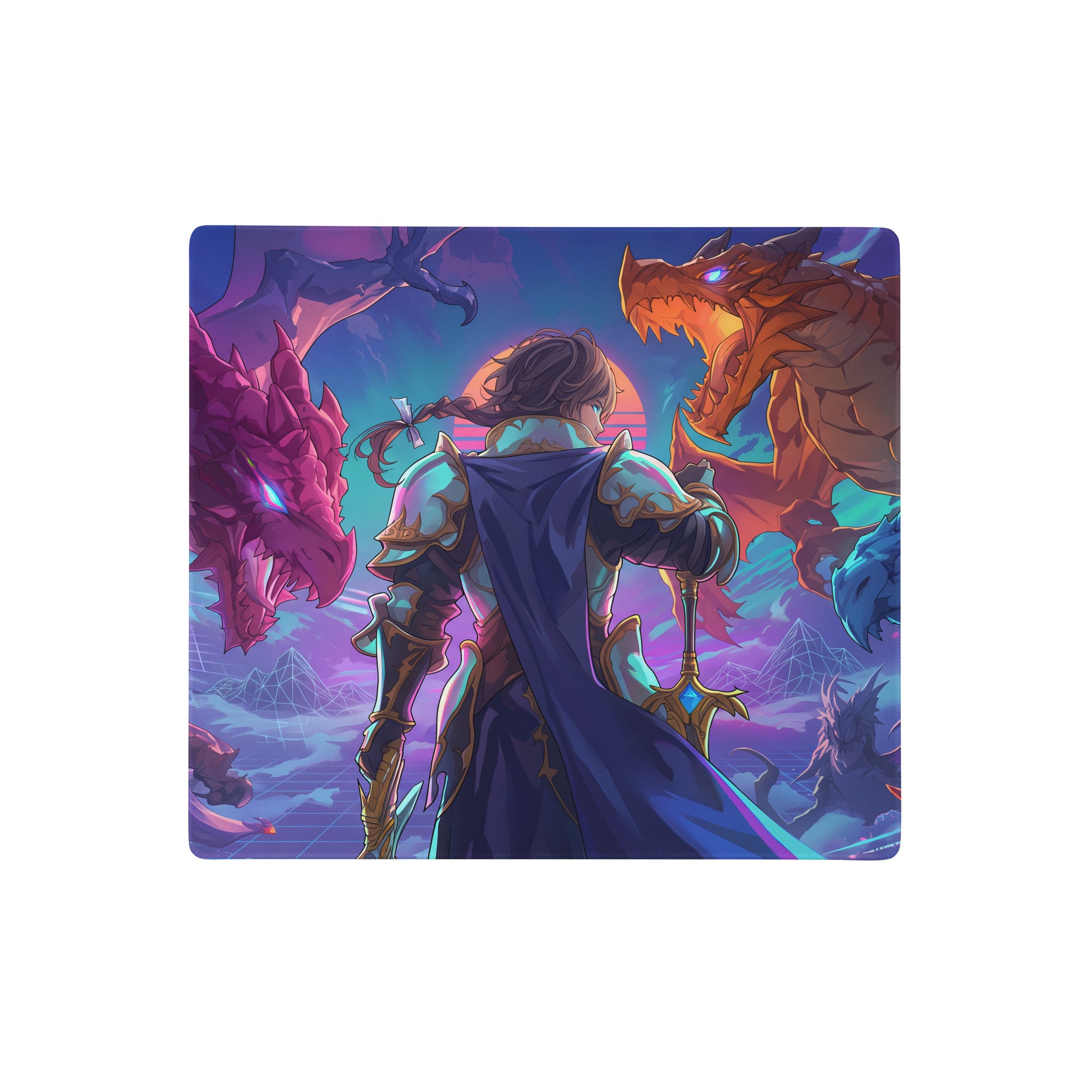 Vibrant vaporwave dragon arena rectangular mouse pad featuring an armored warrior and colorful dragons against a neon sky