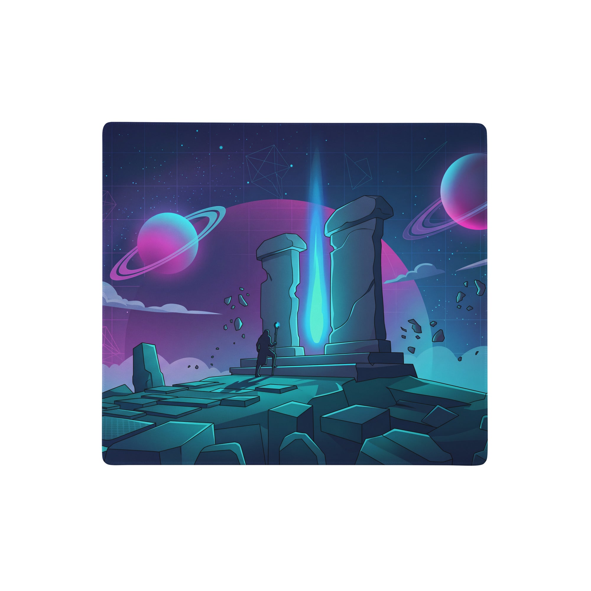 Navy blue rectangular gaming mousepad with stylized sci-fi teal pillars pink purple planets and cosmic stars design