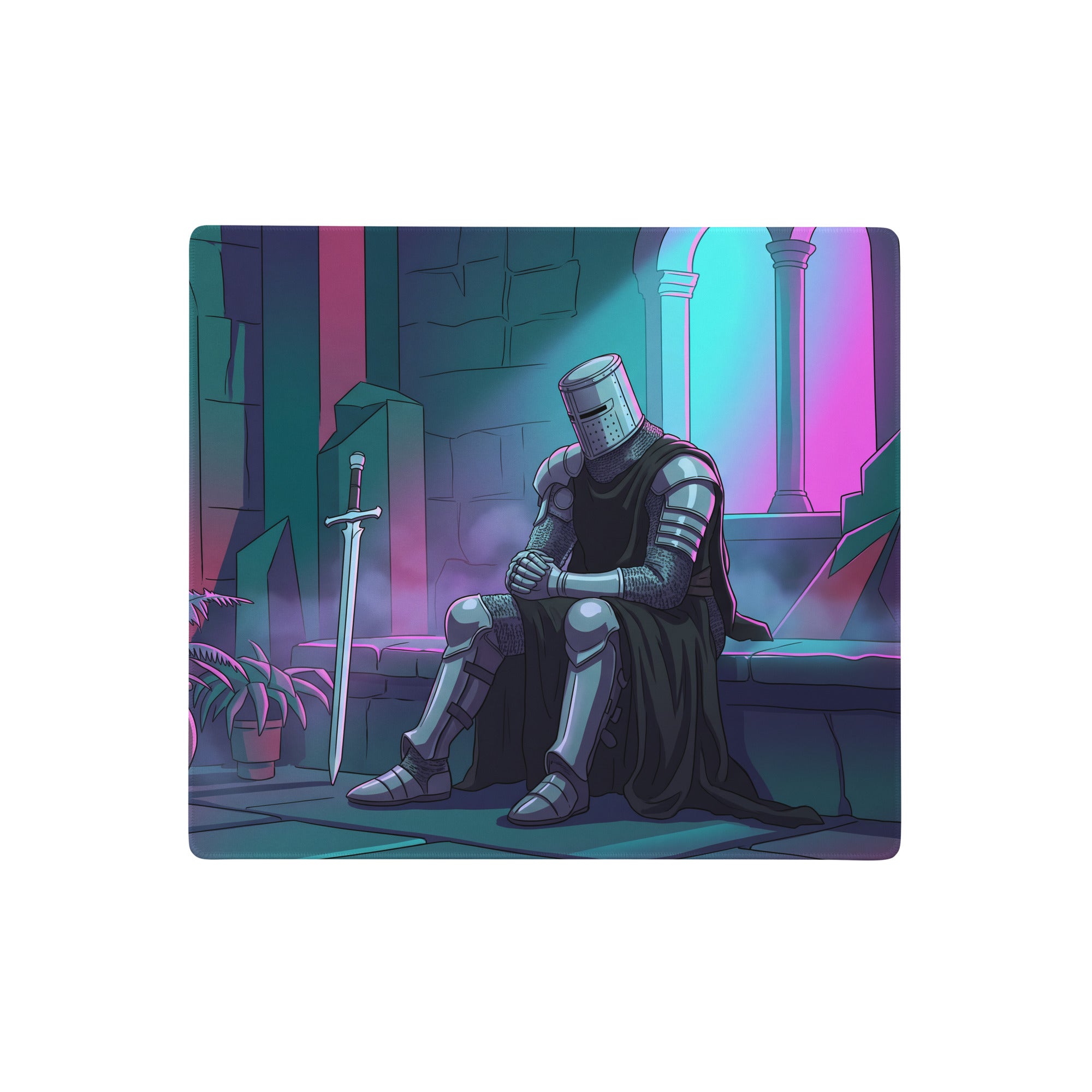 A rectangular teal and pink knight vaporwave mouse pad with a silver armored knight and neon stone arches design