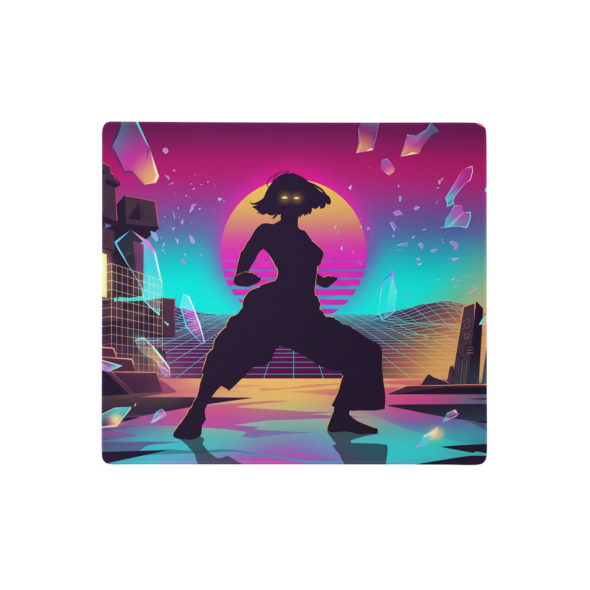Vaporwave neon city mouse pad featuring a nineties-inspired purple pink gradient with a silhouette woman and cyberpunk design