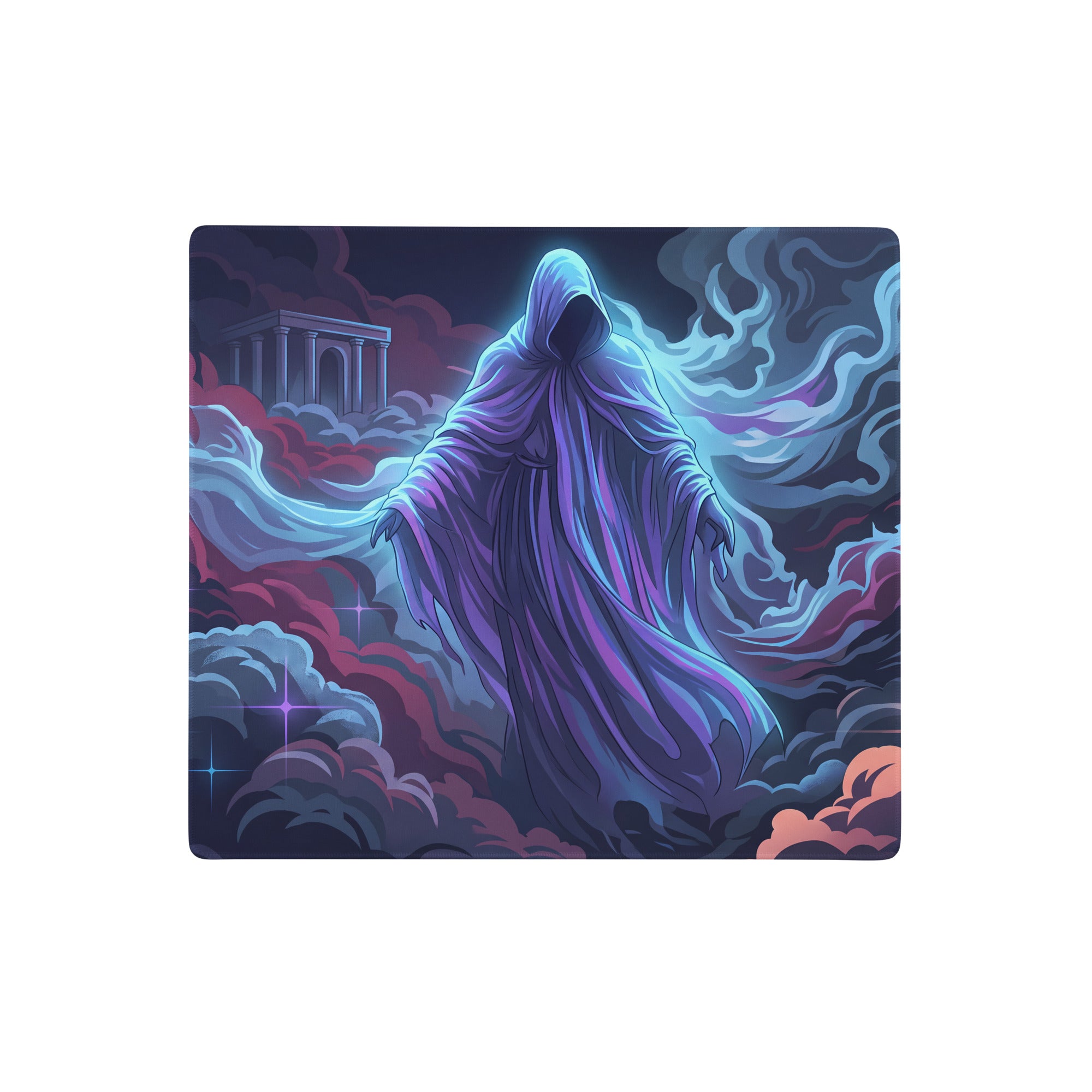 Rectangular gaming mousepad featuring a glowing purple and blue hooded figure with vaporwave neon decor