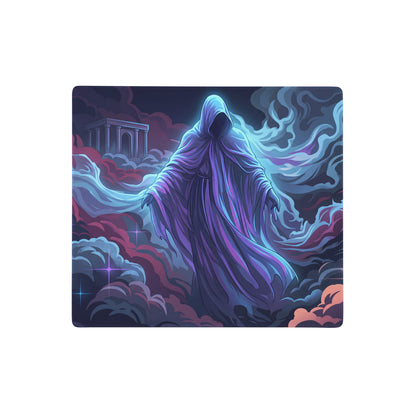Rectangular gaming mousepad featuring a glowing purple and blue hooded figure with vaporwave neon decor