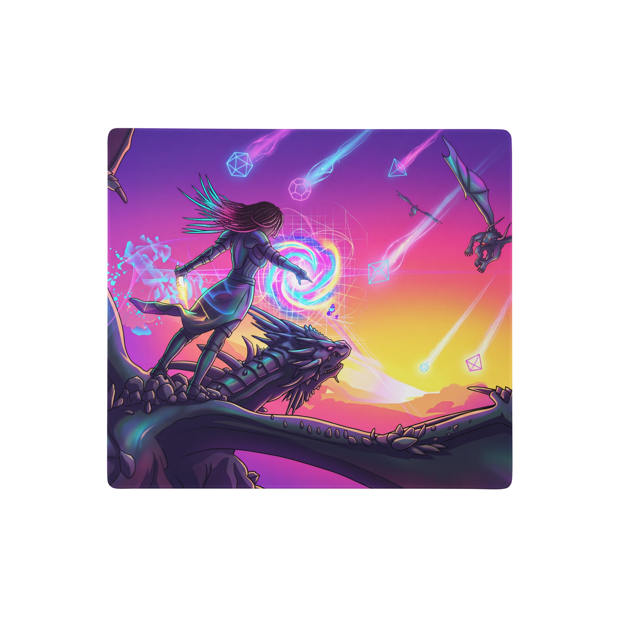 Vaporwave dragon neon pink purple gaming mouse pad with fantasy warrior on dragon digital art design