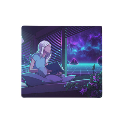 Neon vaporwave gaming desk pad featuring a nebula-themed illustration of a white-haired woman reading by a glowing window