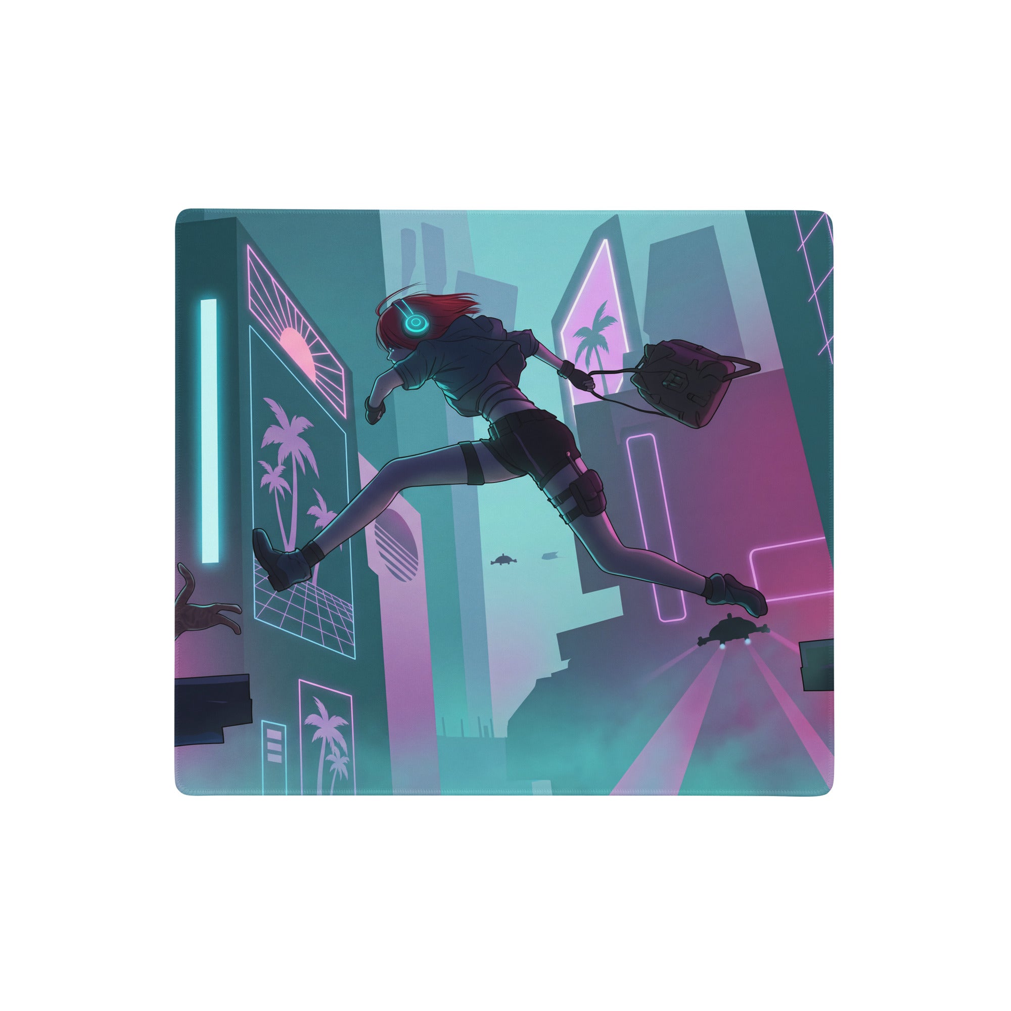 Neon vaporwave gaming mouse pad in neon pink and teal with anime runner and glowing headphones on futuristic cityscape