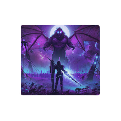 Purple and black fantasy gaming mousepad featuring a neon werewolf and warrior with lightning weapons on cosmic backdrop