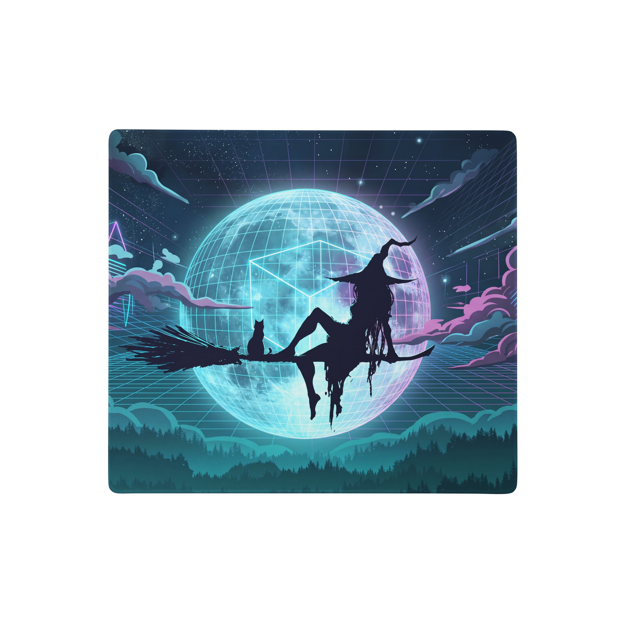 Vaporwave neon globe pad featuring a retro-futuristic witch and cat silhouette on a glowing disco ball mouse pad