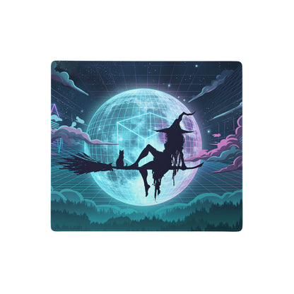 Vaporwave neon globe pad featuring a retro-futuristic witch and cat silhouette on a glowing disco ball mouse pad