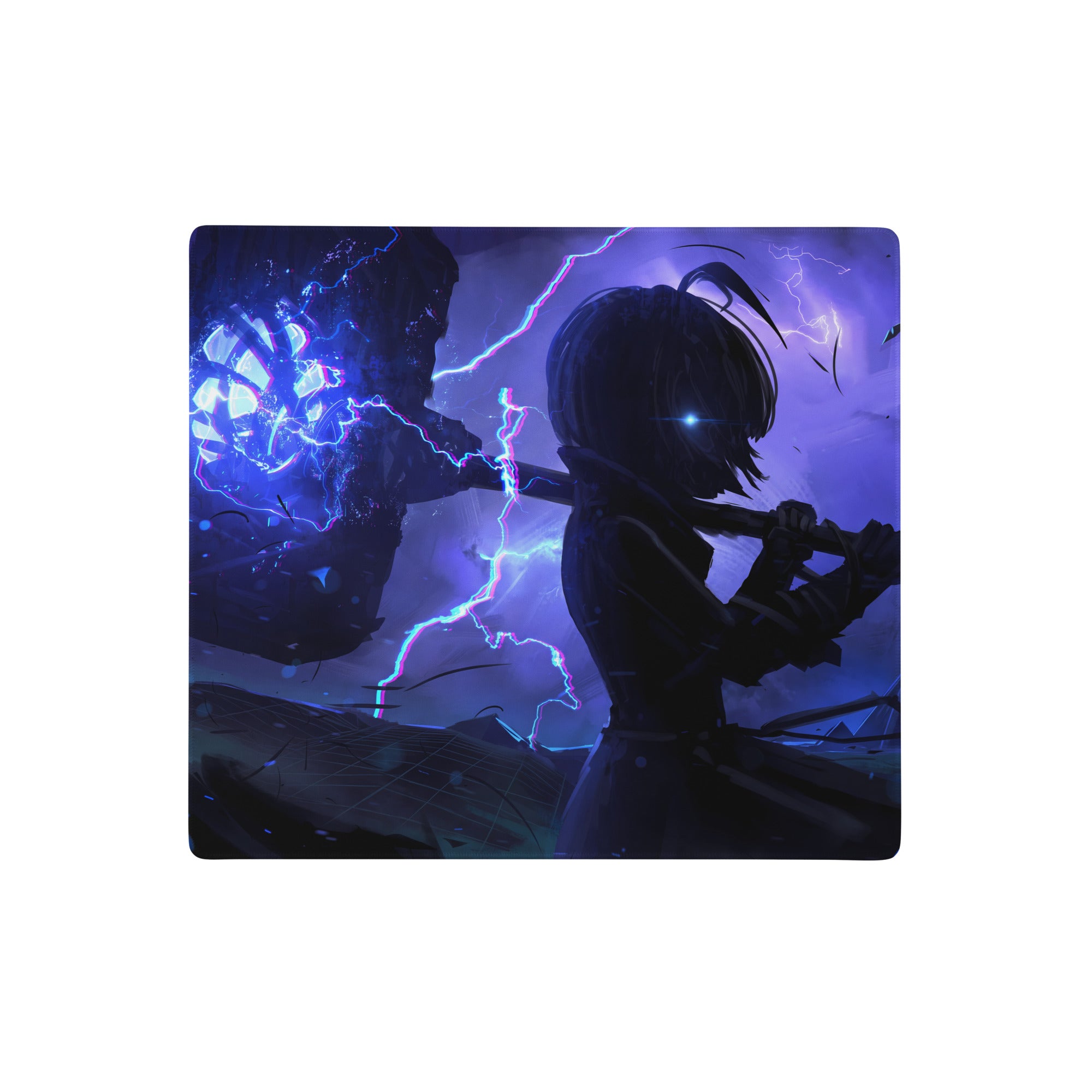 Purple and blue lightning anime mouse pad with glowing hammer girl silhouette vaporwave neon surge design