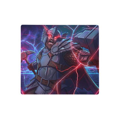 Vibrant rectangular vaporwave power warrior gaming mouse pad with thor illustration neon pink purple blue for desk use