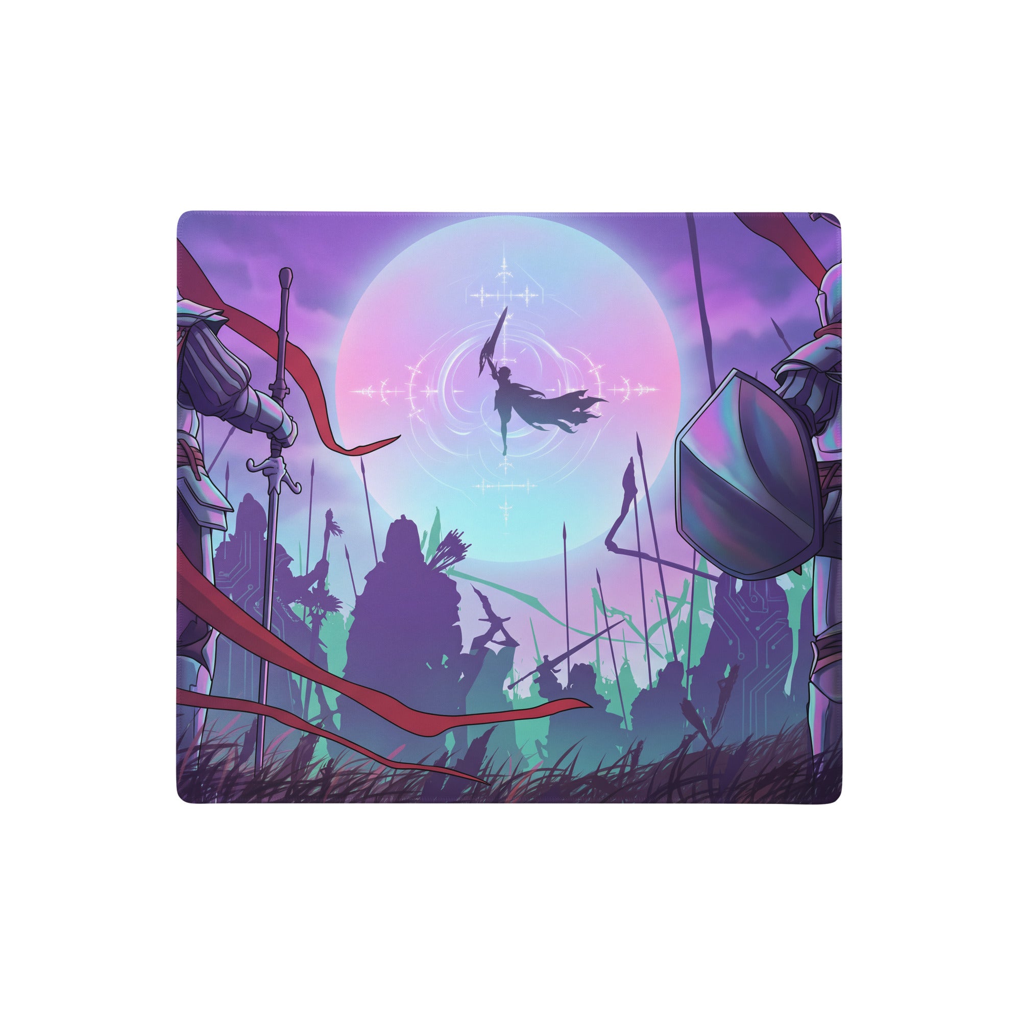 Vaporwave neon knight pad gaming mouse pad with purple pink fantasy battle scene and glowing moon for desktop use