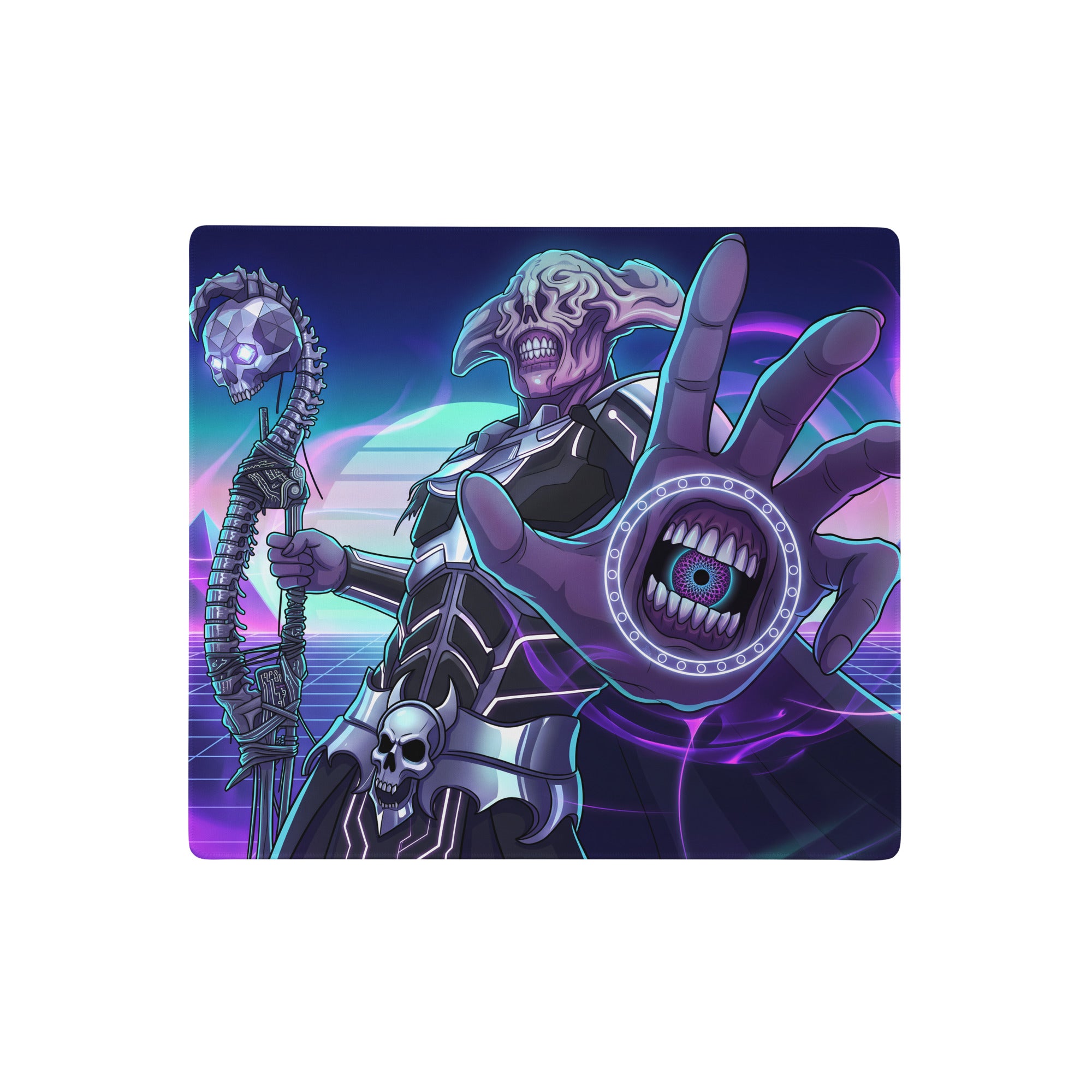 Necronomicon-themed neon vaporwave gaming mouse pad with skeletal figure in dark armor and purple blue neon accents