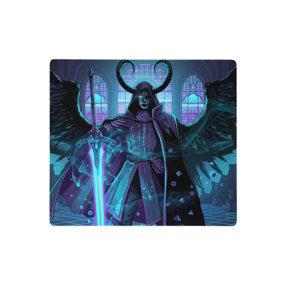 Necro angel wings vaporwave gaming mousepad with dark hooded figure glowing cyan sword purple armor neon cathedral backdrop