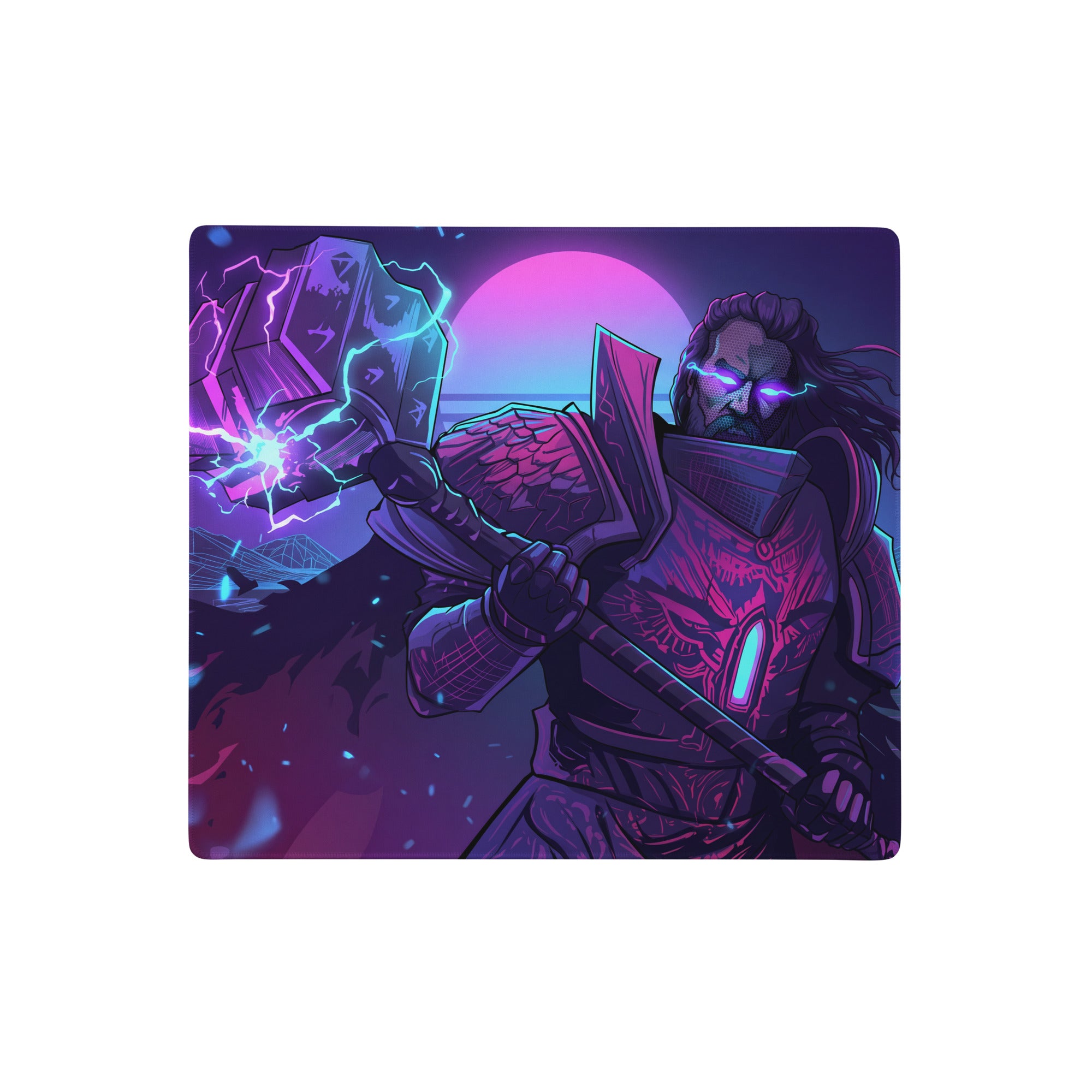Neon vaporwave combat mouse pad with purple blue neon colors featuring a fantasy warrior holding electrified hammer