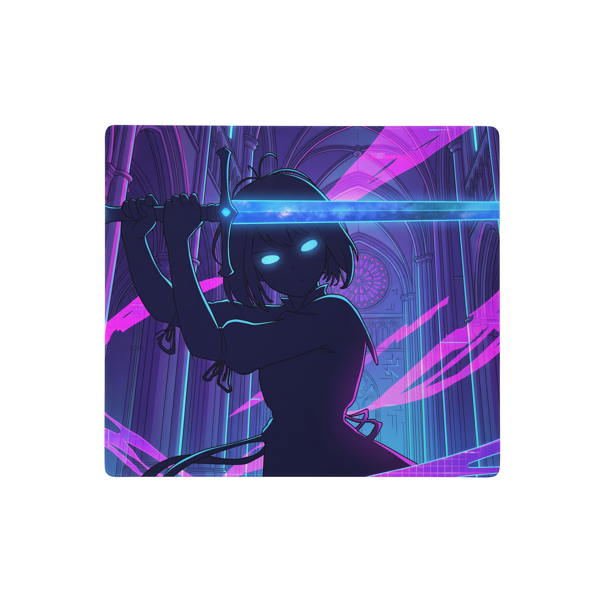 Neon vaporwave office mouse pad with neon purple and blue anime design featuring silhouette of sword-wielding character