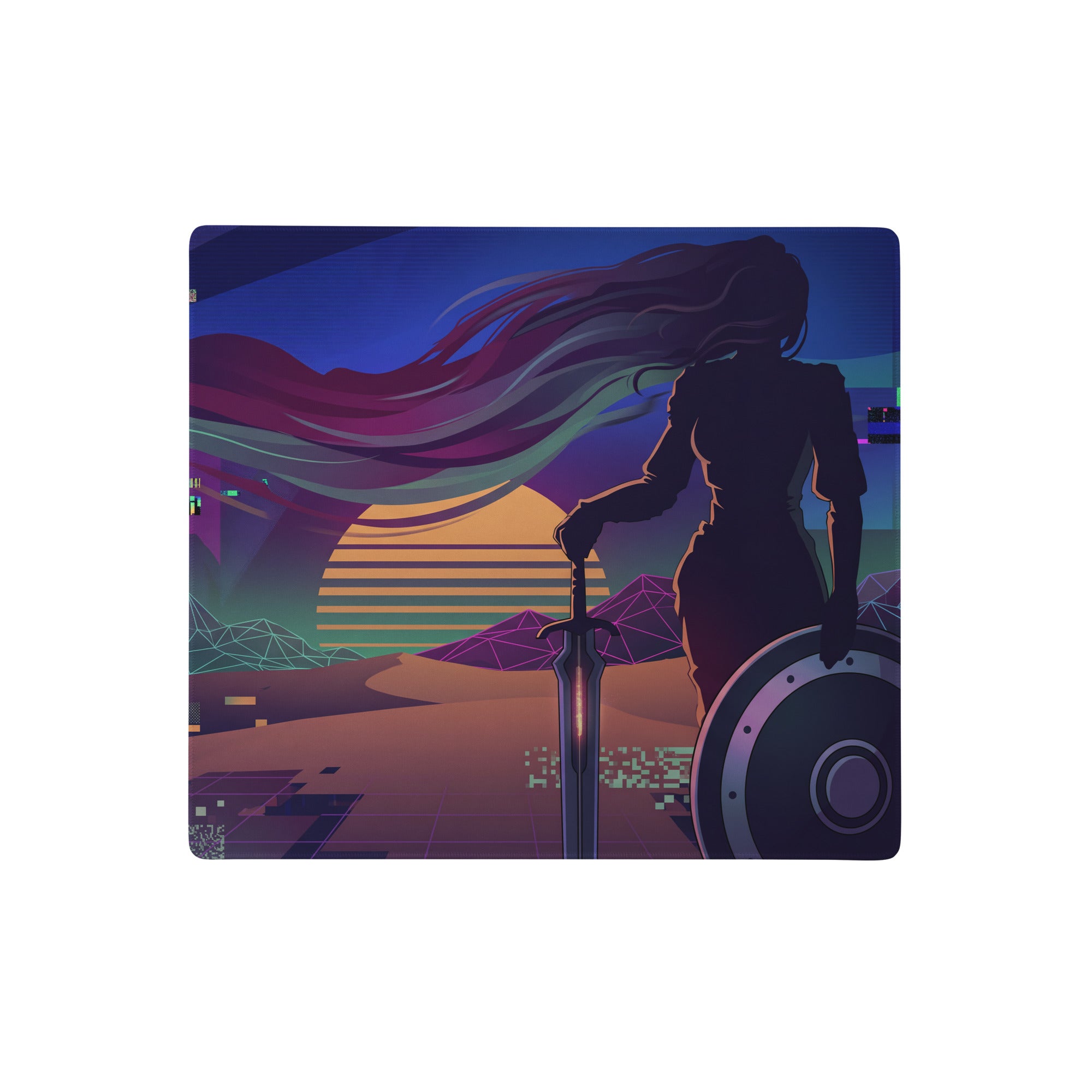 Rectangular vaporwave neon gamer desk pad with warrior illustration and retro-futuristic sunset in purple and pink hues