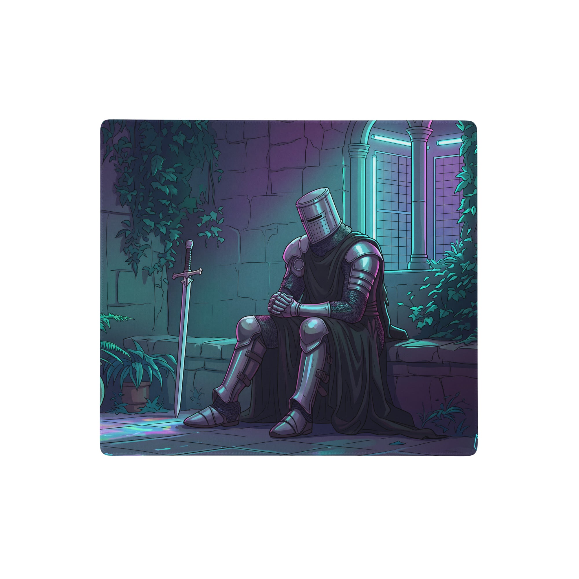 Rectangular neon knight vaporwave mouse pad featuring a metallic armor knight illustration with purple and blue neon lighting