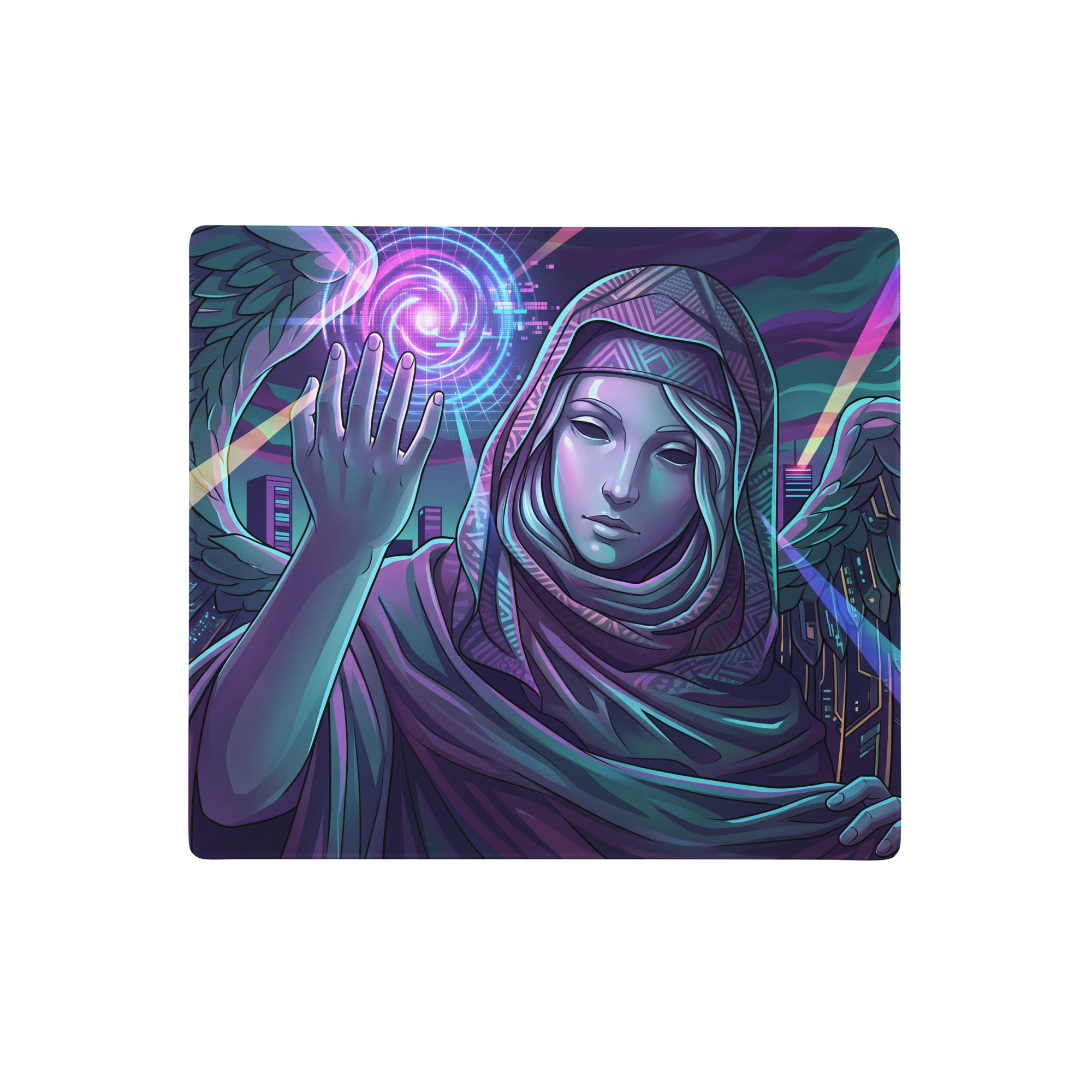Vaporwave winged neon mouse pad featuring a nebula-themed angelic figure in purple pink teal on a futuristic cityscape