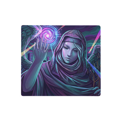 Vaporwave winged neon mouse pad featuring a nebula-themed angelic figure in purple pink teal on a futuristic cityscape
