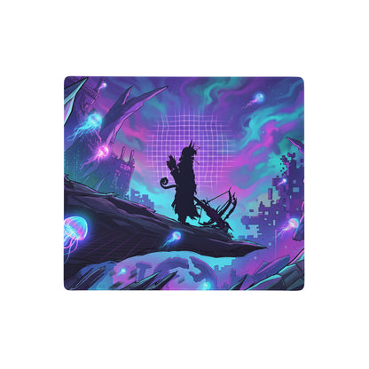 Navy blue rectangular gaming mousepad featuring vibrant cyberpunk jellyfish cityscape and silhouetted bow character design