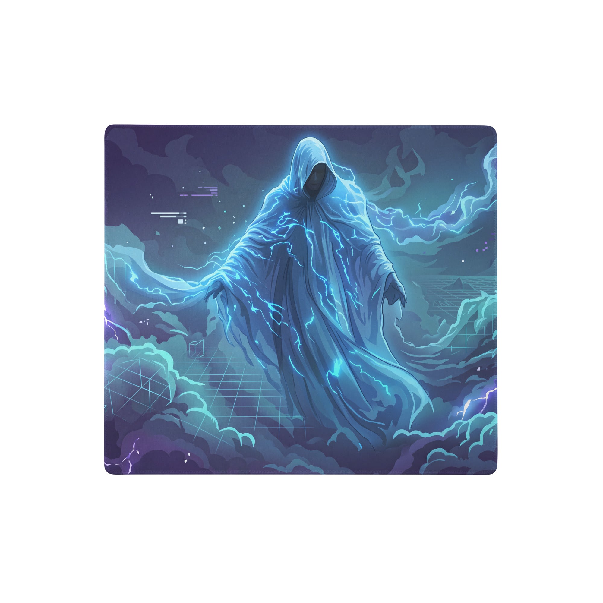 Rectangular vaporwave neon gaming mousepad with glowing blue hooded figure and electric lightning cyberpunk design