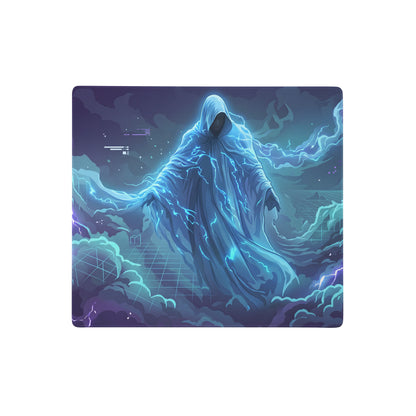 Rectangular vaporwave neon gaming mousepad with glowing blue hooded figure and electric lightning cyberpunk design
