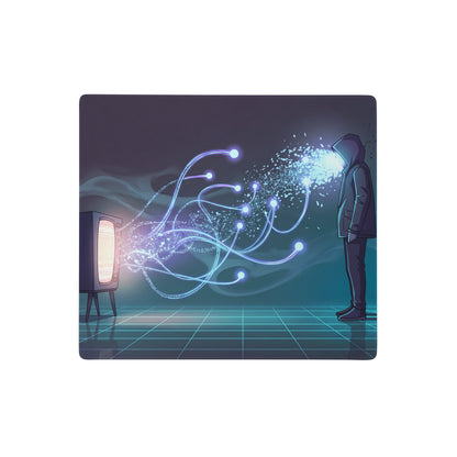 Vintage-style black television with glowing screen and blue energy streams featured on vaporwave neon gaming mouse pad