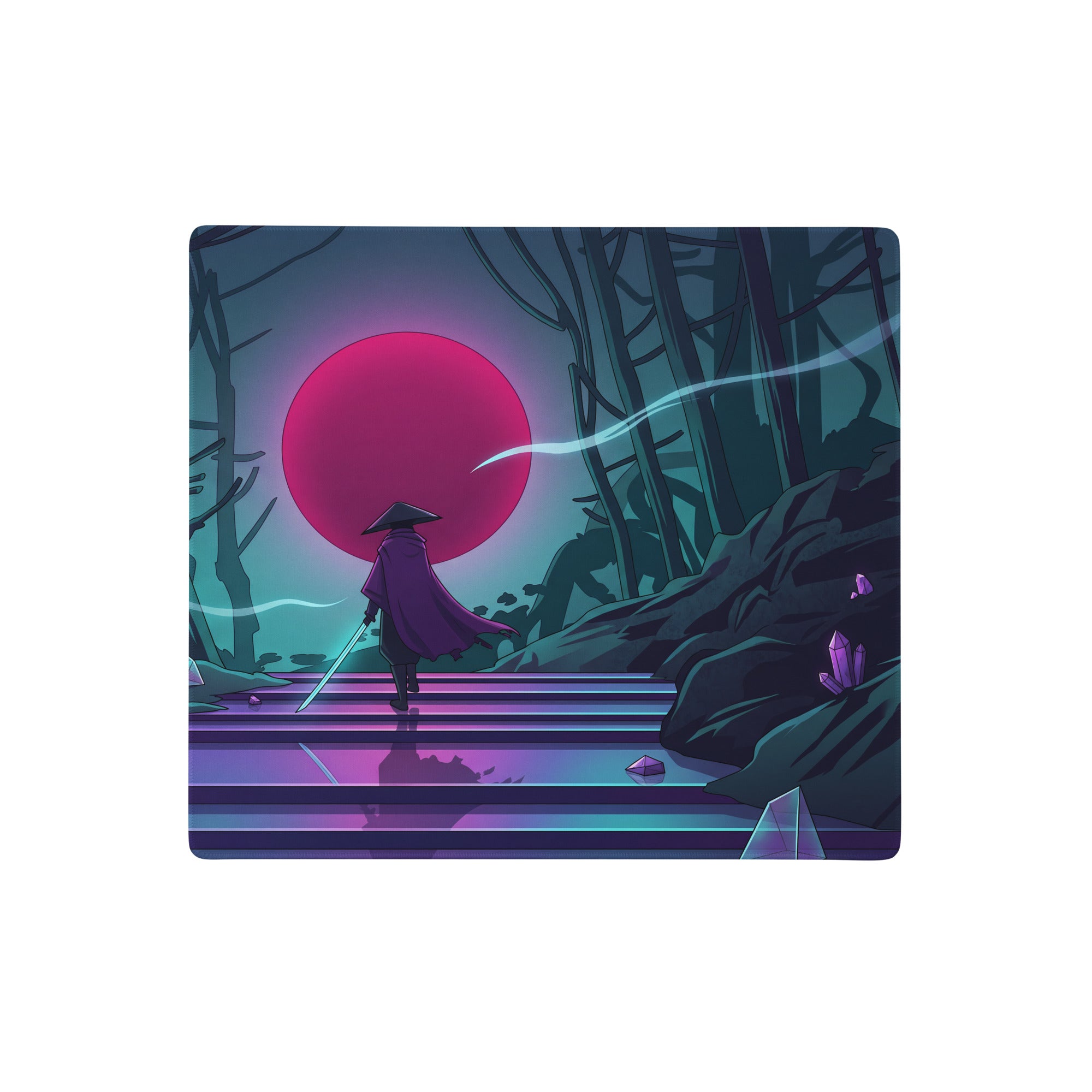 Vaporwave neon forest mouse pad with purple cloaked figure walking glowing steps toward pink sun in dark forest