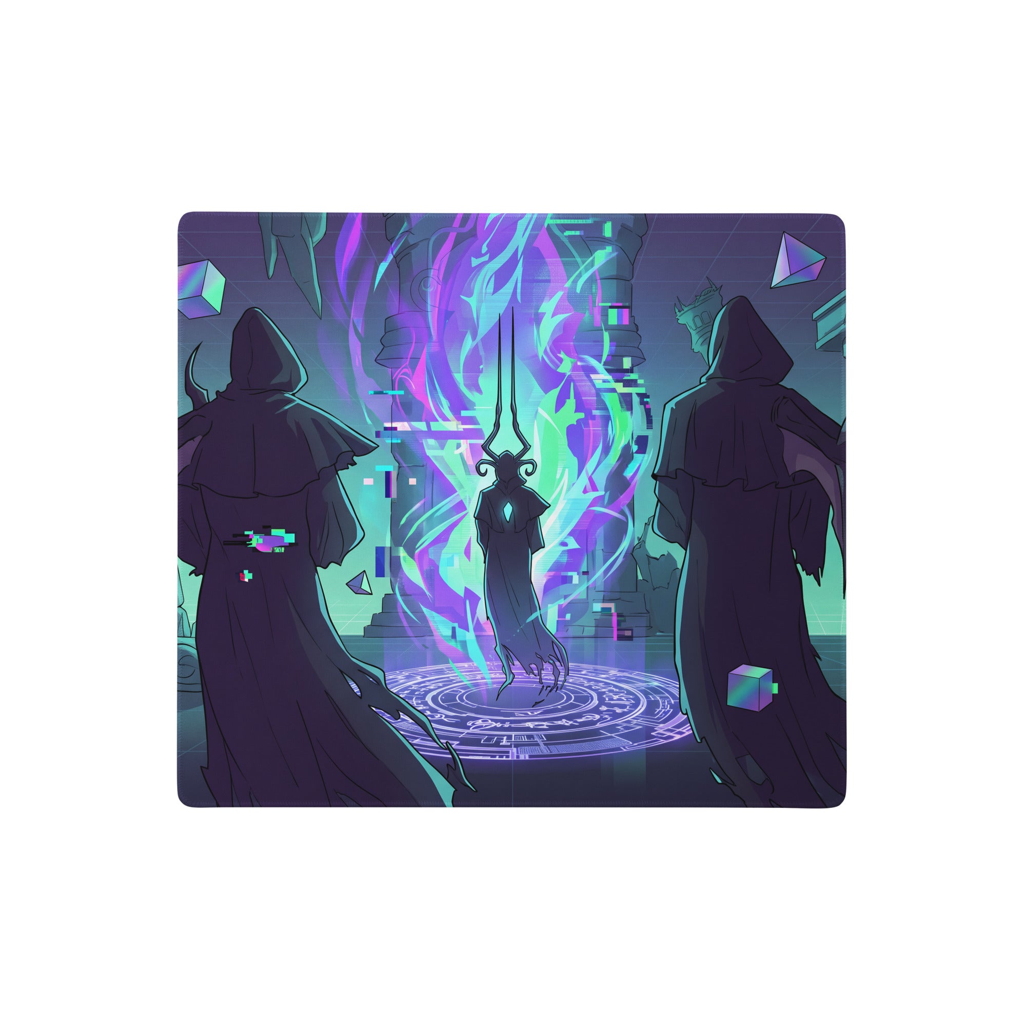 Neon vaporwave gaming mouse pad with dark fantasy hooded figures and glowing purple teal sword illustration