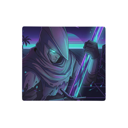 Nineteen-inch neon vaporwave gaming mouse pad with anime warrior in dark gray hood and glowing cyan eyes holding energy sword
