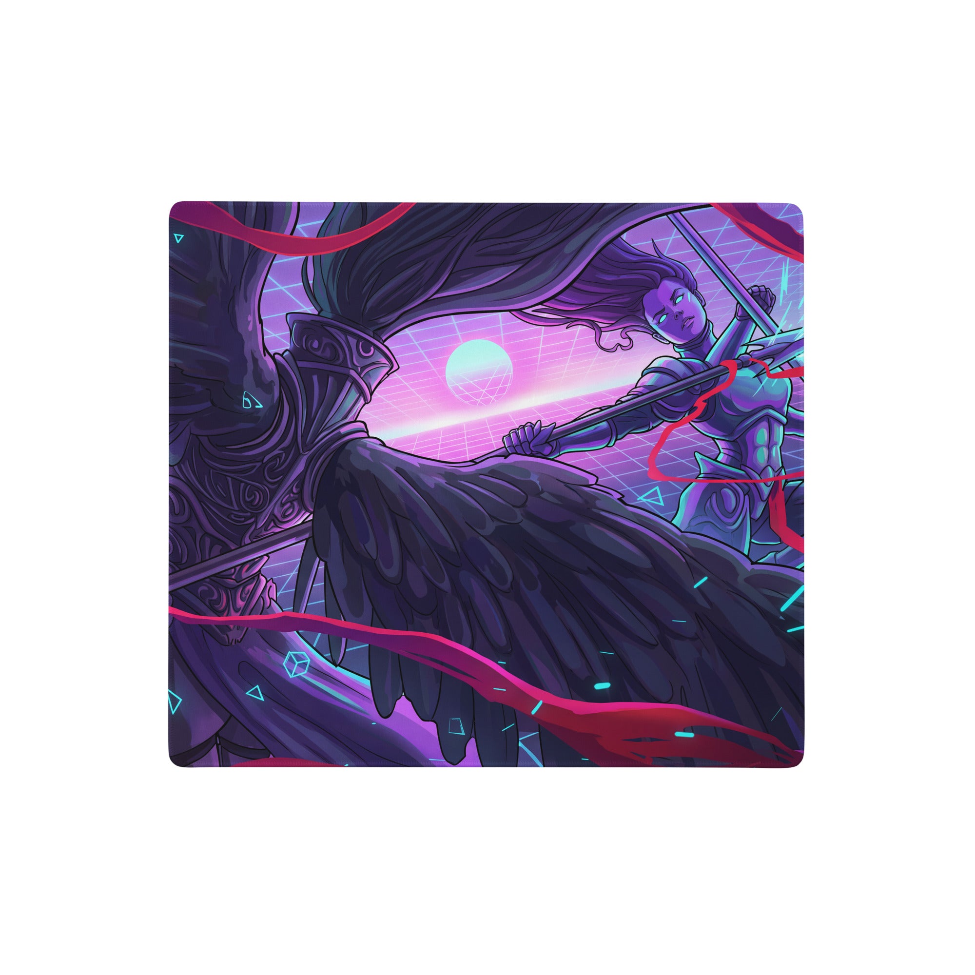 Vaporwave neon art mouse pad with purple and pink neon colors featuring a stylized winged warrior and retro-futuristic sky