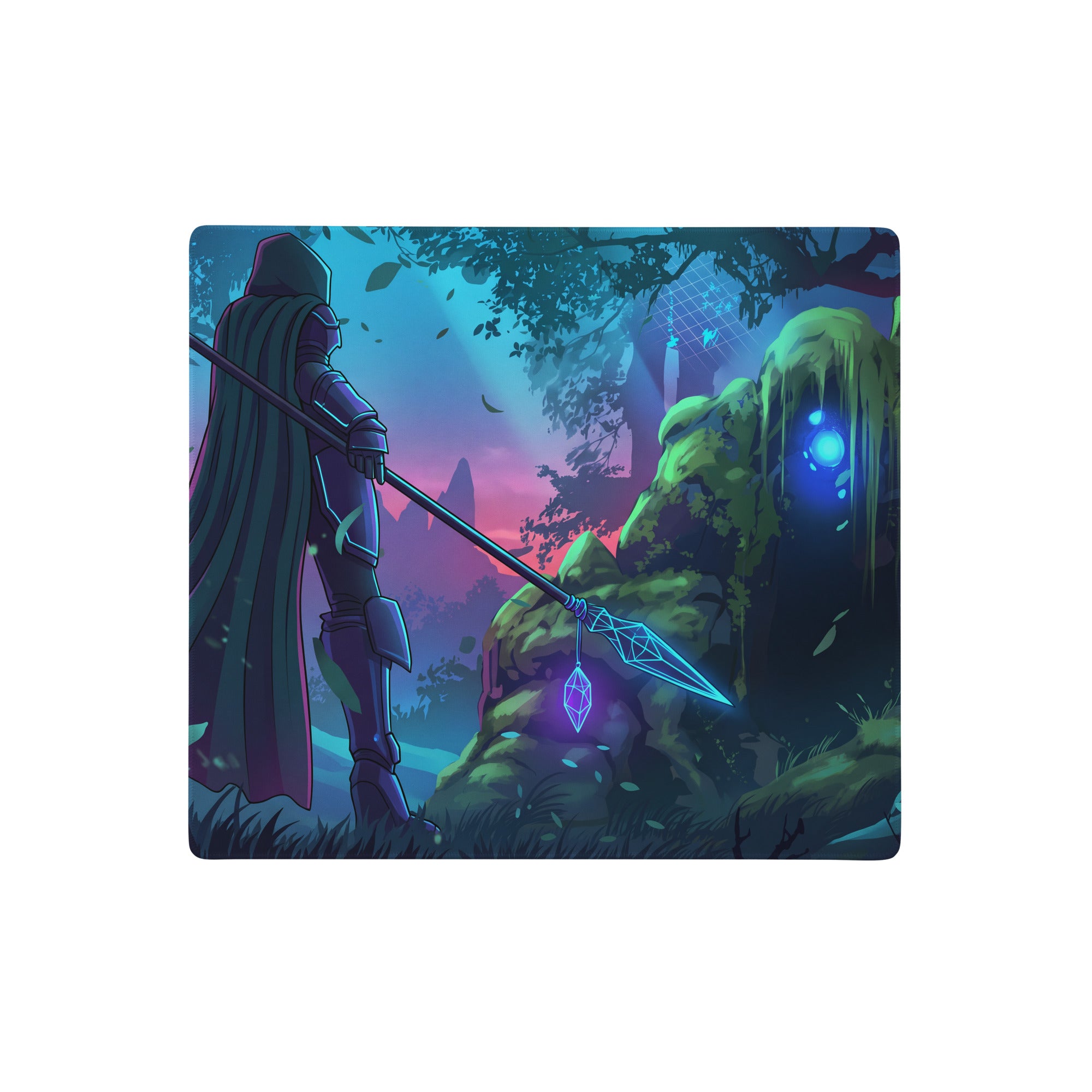 Rectangular neon vaporwave knight mouse pad with blue purple fantasy hooded warrior and glowing spear design for gaming desk