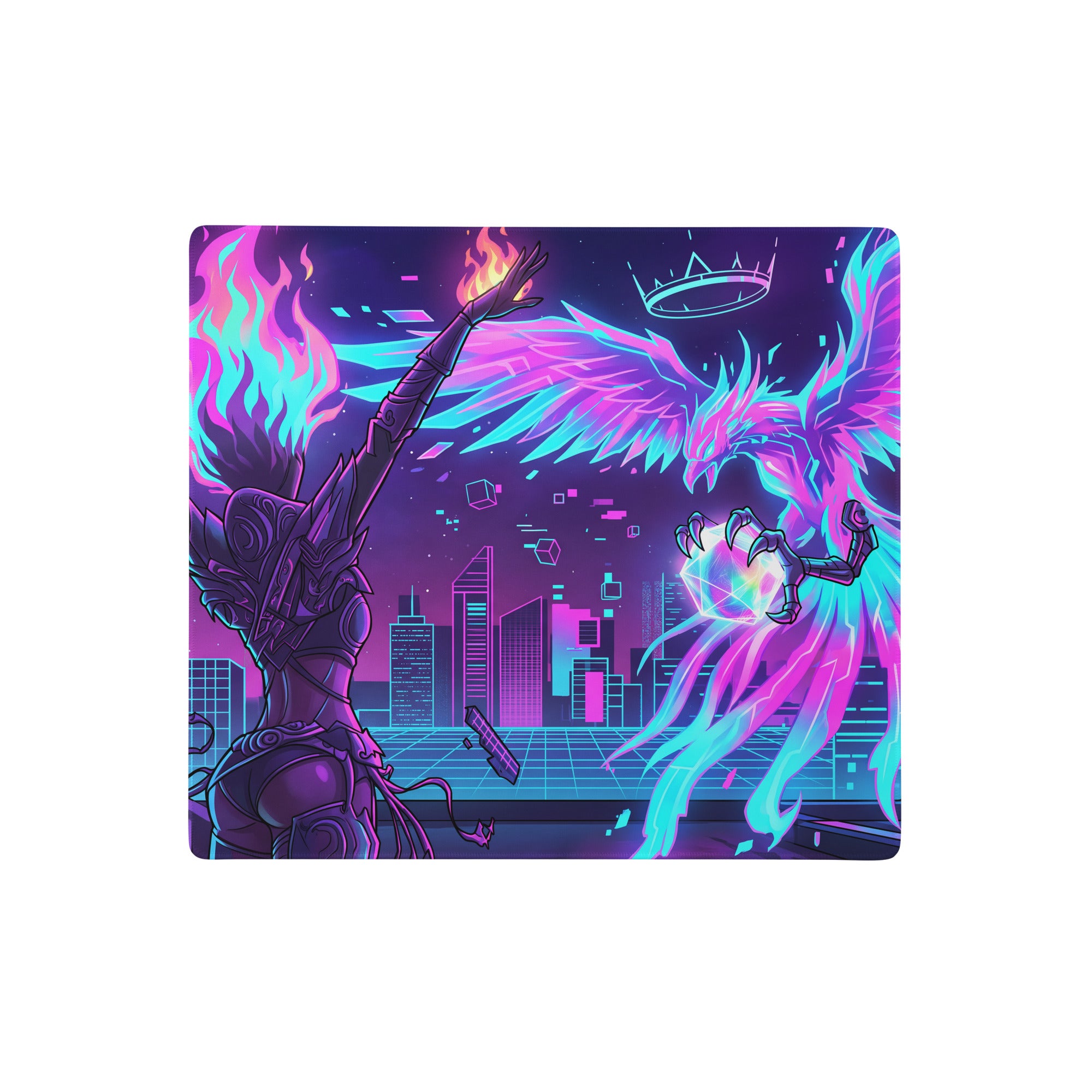 Neon vaporwave gaming mouse pad with vibrant neon-pink and cyan cyberpunk warrior and phoenix digital art