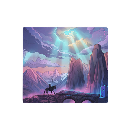 Neon vaporwave mountain gaming mousepad with vibrant pink purple cyan rider crossing stone bridge design
