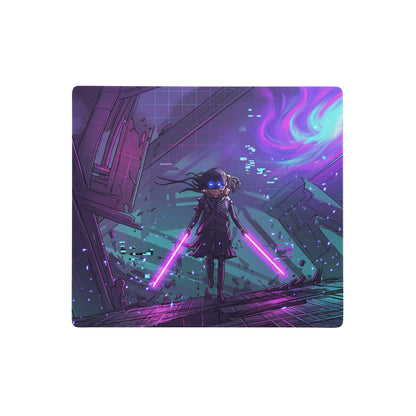 Neon vaporwave gaming mouse pad with purple and teal neon lights featuring anime character in futuristic cityscape