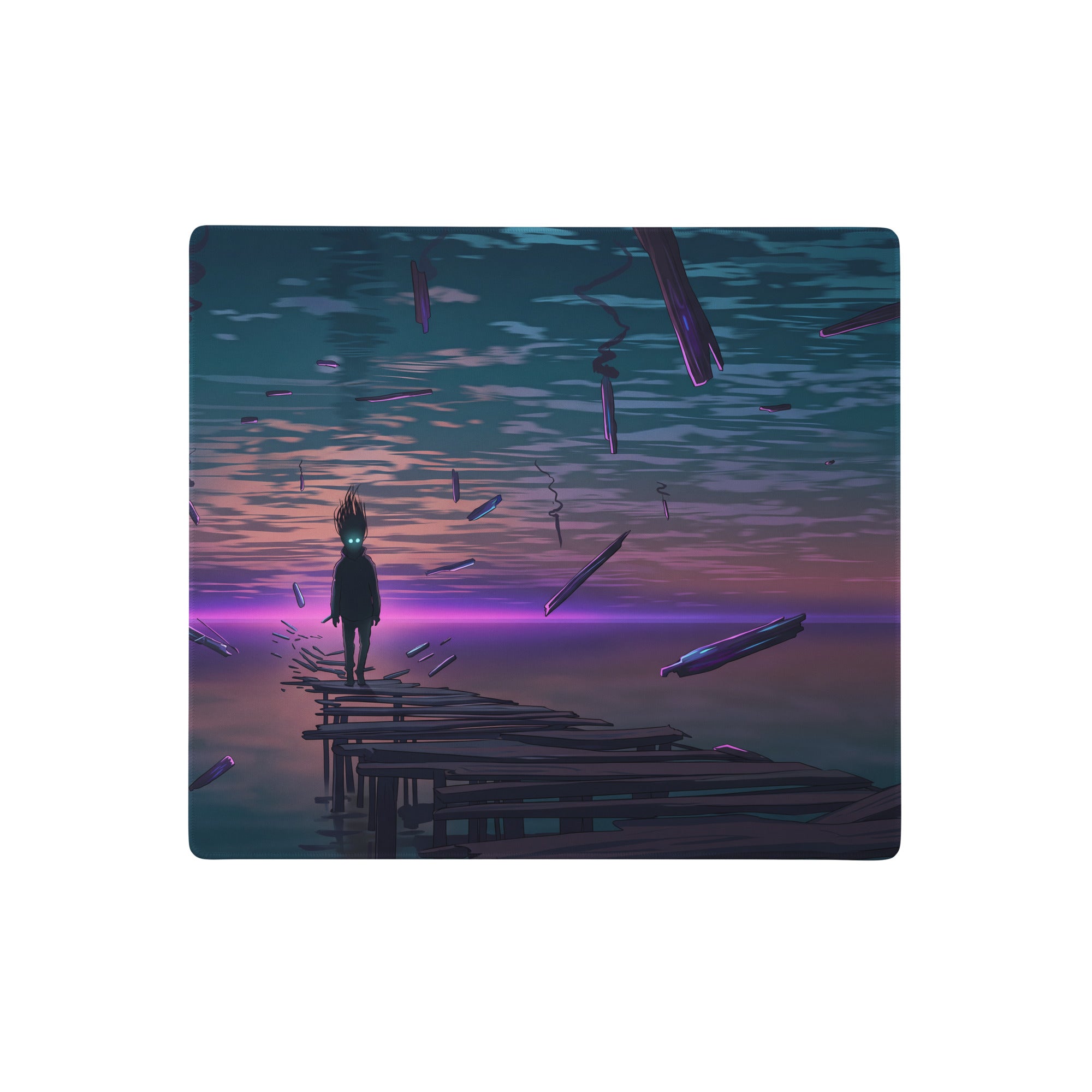 Vaporwave sunset desk mat mouse pad with surreal digital art of a lone figure on a wooden pier in teal purple tones