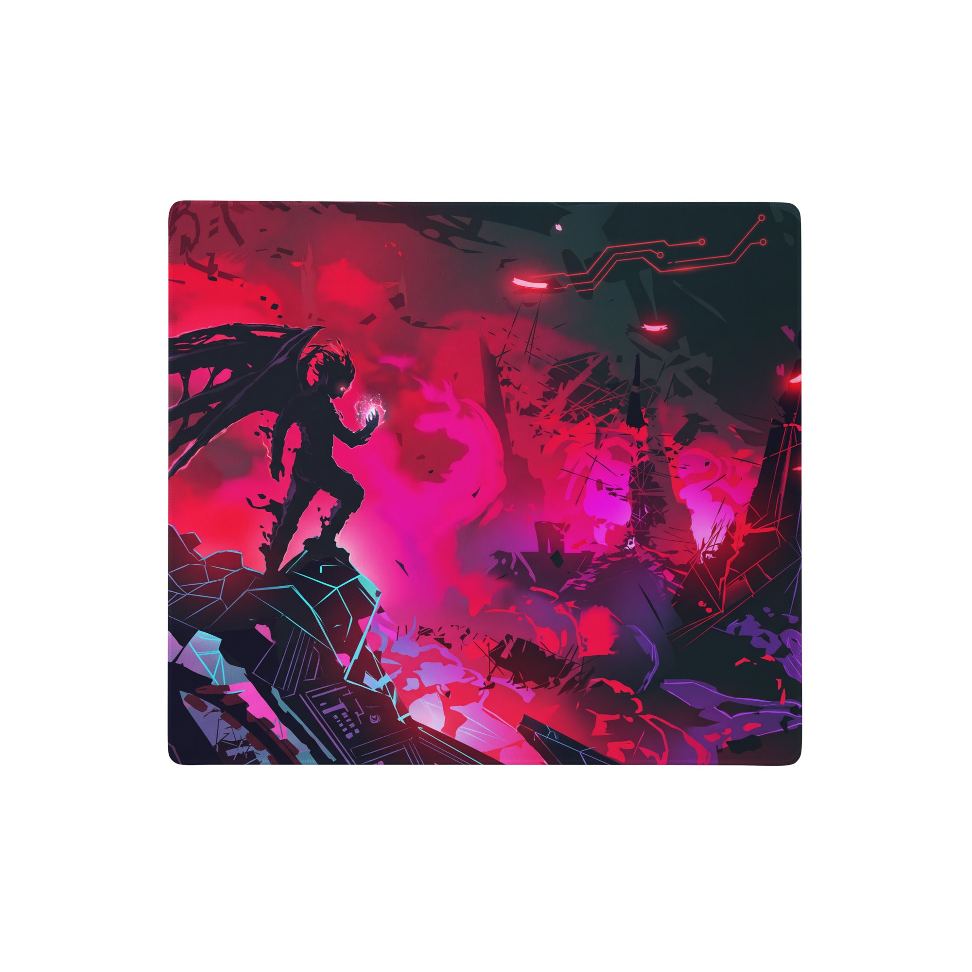 Rectangular vaporwave neon cyber mouse pad with dark silhouette, shattered circuitry, and red purple glowing lights