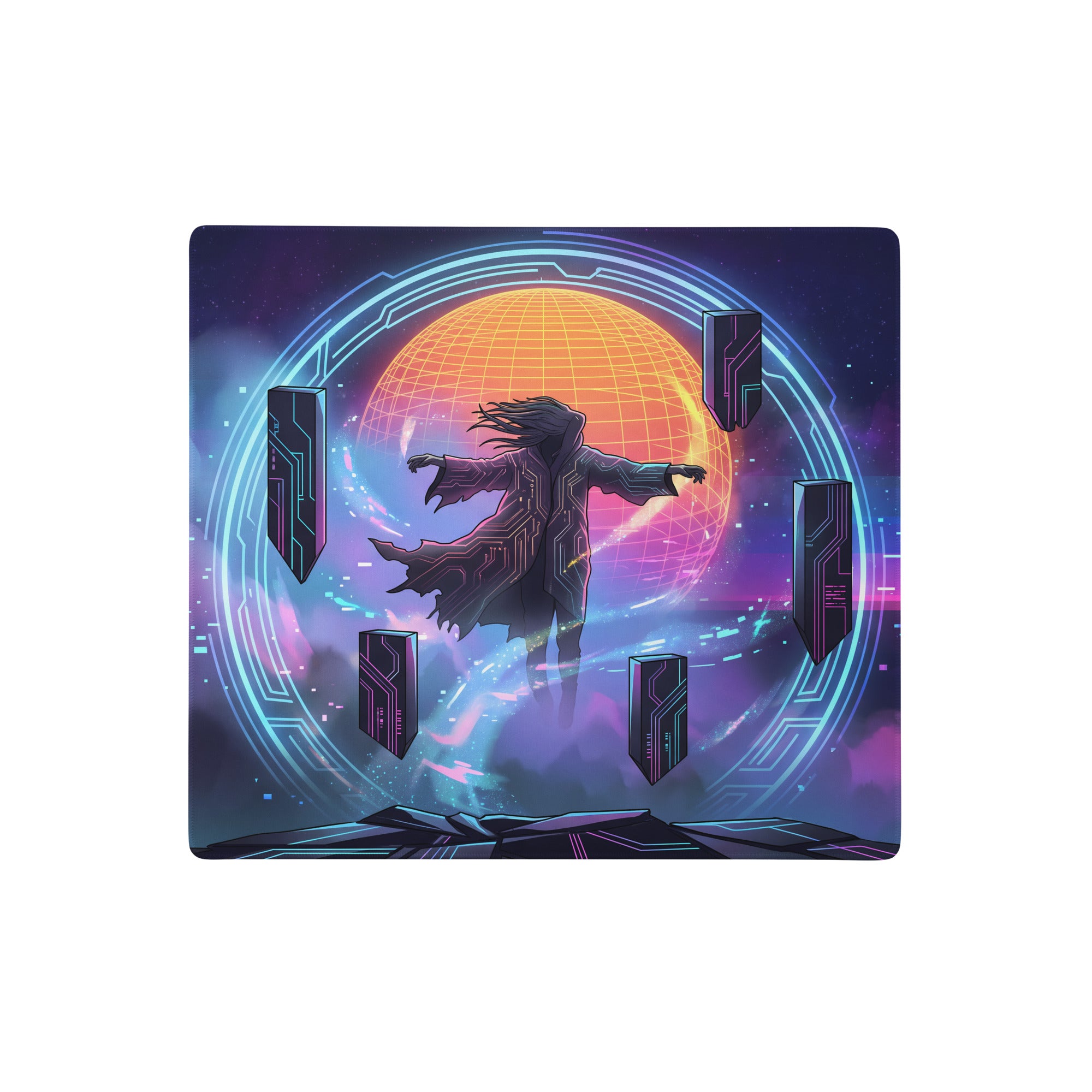 Retro neon vaporwave mouse pad with glowing orange sphere circuit figure and neon blue geometric frames for gaming desk use